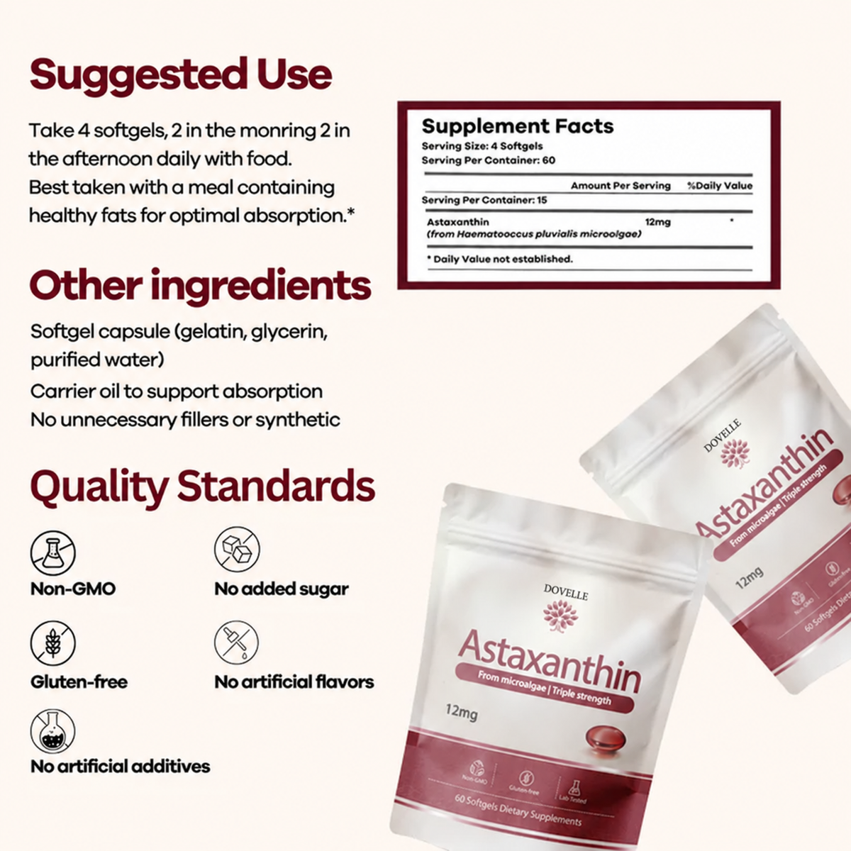 Dovelle Astaxanthin - Nature’s Most Powerful Antioxidant for Whole Body Support & Cellular Protection